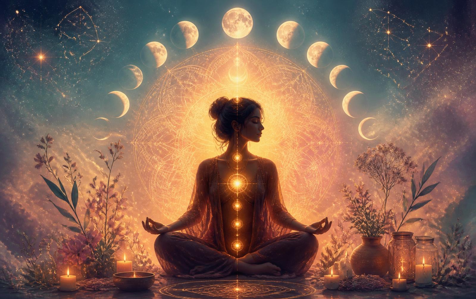 Mujer meditando rodeada de fases lunares y luz dorada
